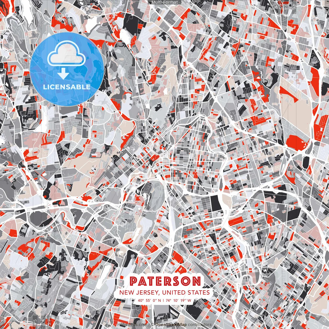 Paterson, New Jersey, United States - modern street map poster template with gray and red tones