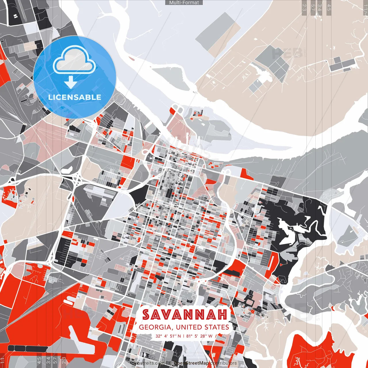 Savannah, Georgia, United States - modern street map poster template with gray and red tones