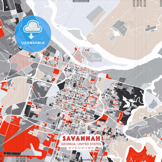 Savannah, Georgia, United States - modern street map poster template with gray and red tones