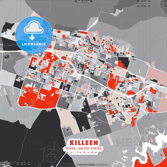 Killeen, Texas, United States - modern street map poster template with gray and red tones