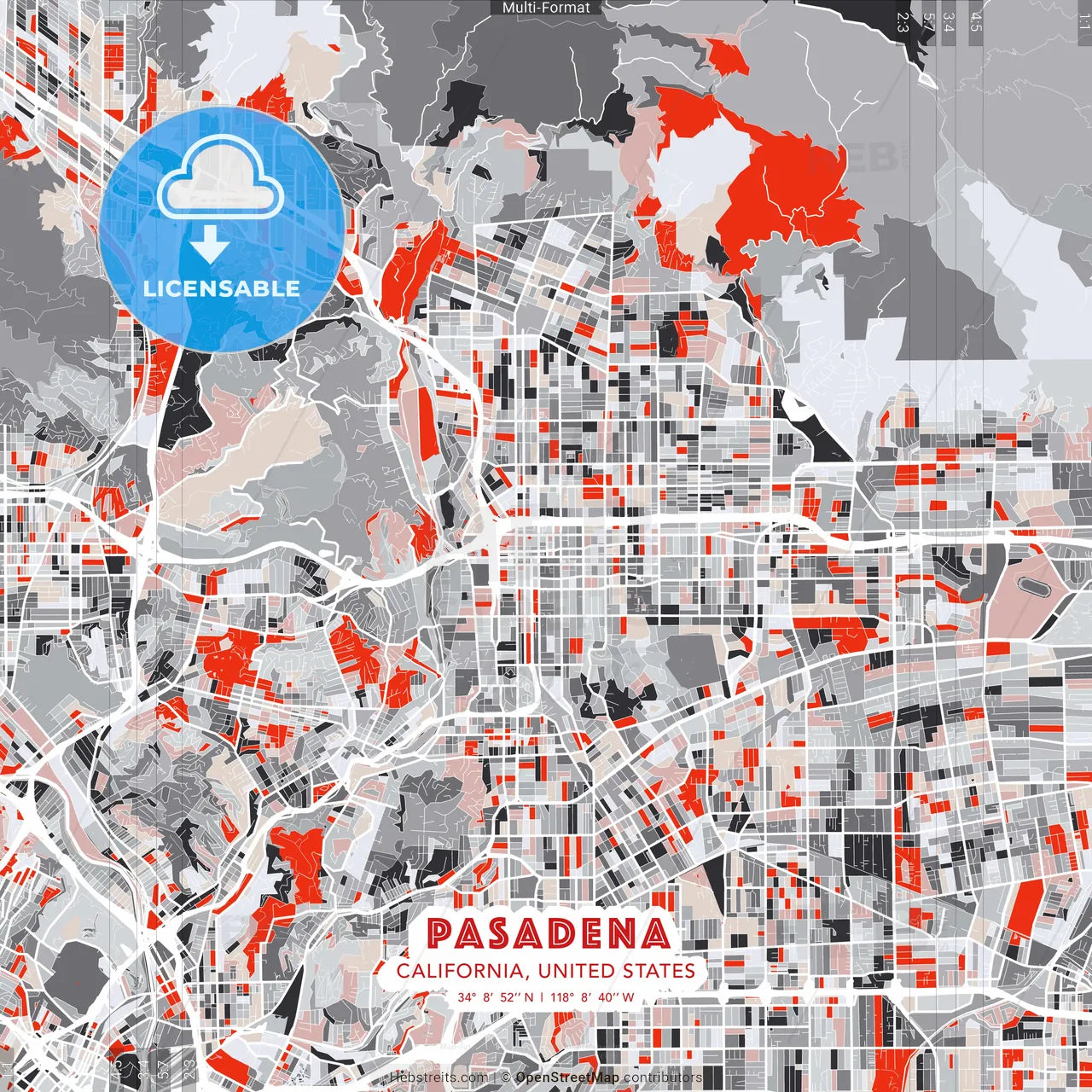 Pasadena, California, United States - modern street map poster template with gray and red tones