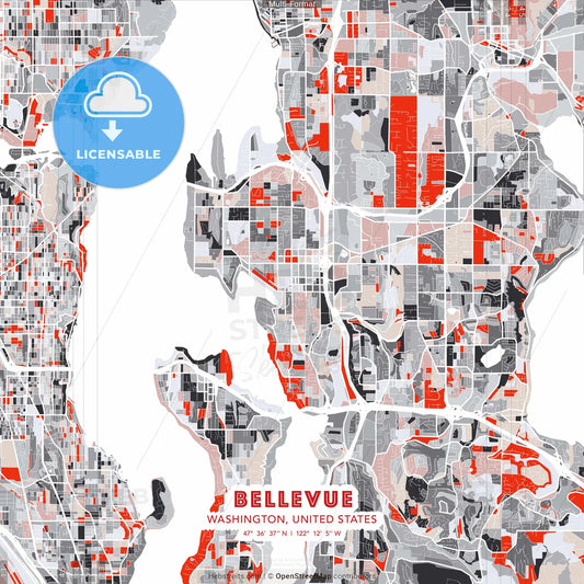 Bellevue, Washington, United States - modern street map poster template with gray and red tones