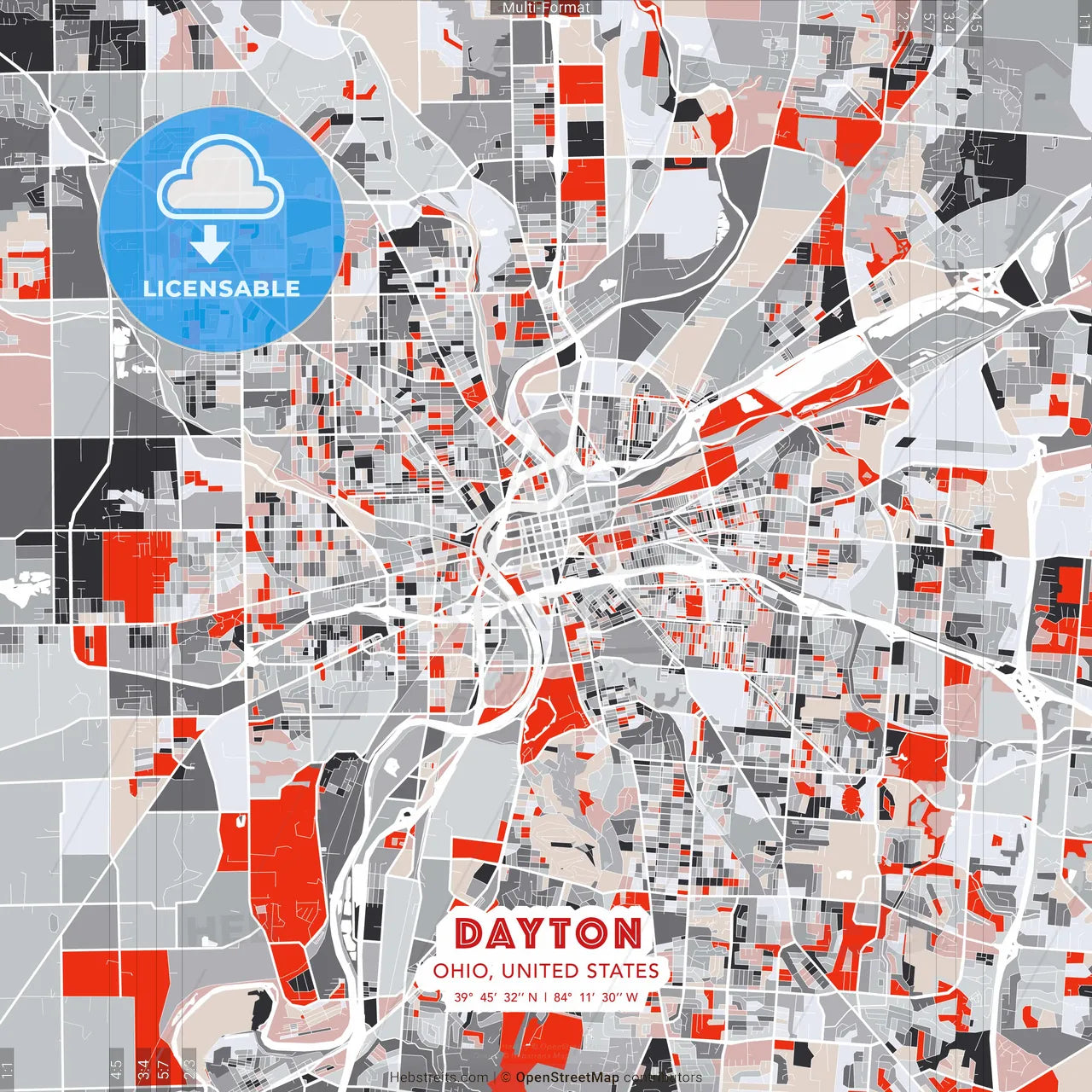 Dayton, Ohio, United States - modern street map poster template with gray and red tones
