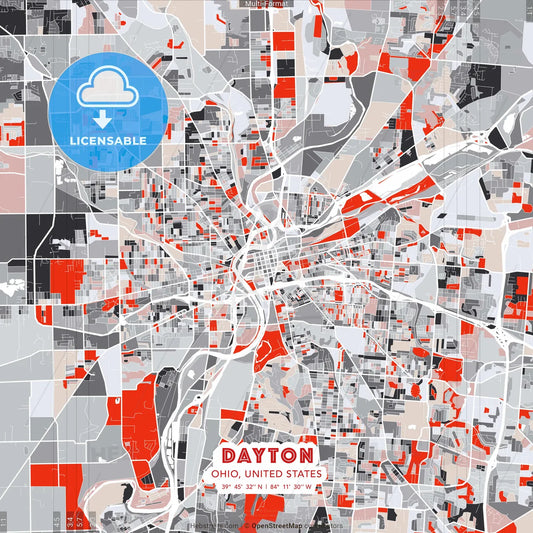 Dayton, Ohio, United States - modern street map poster template with gray and red tones