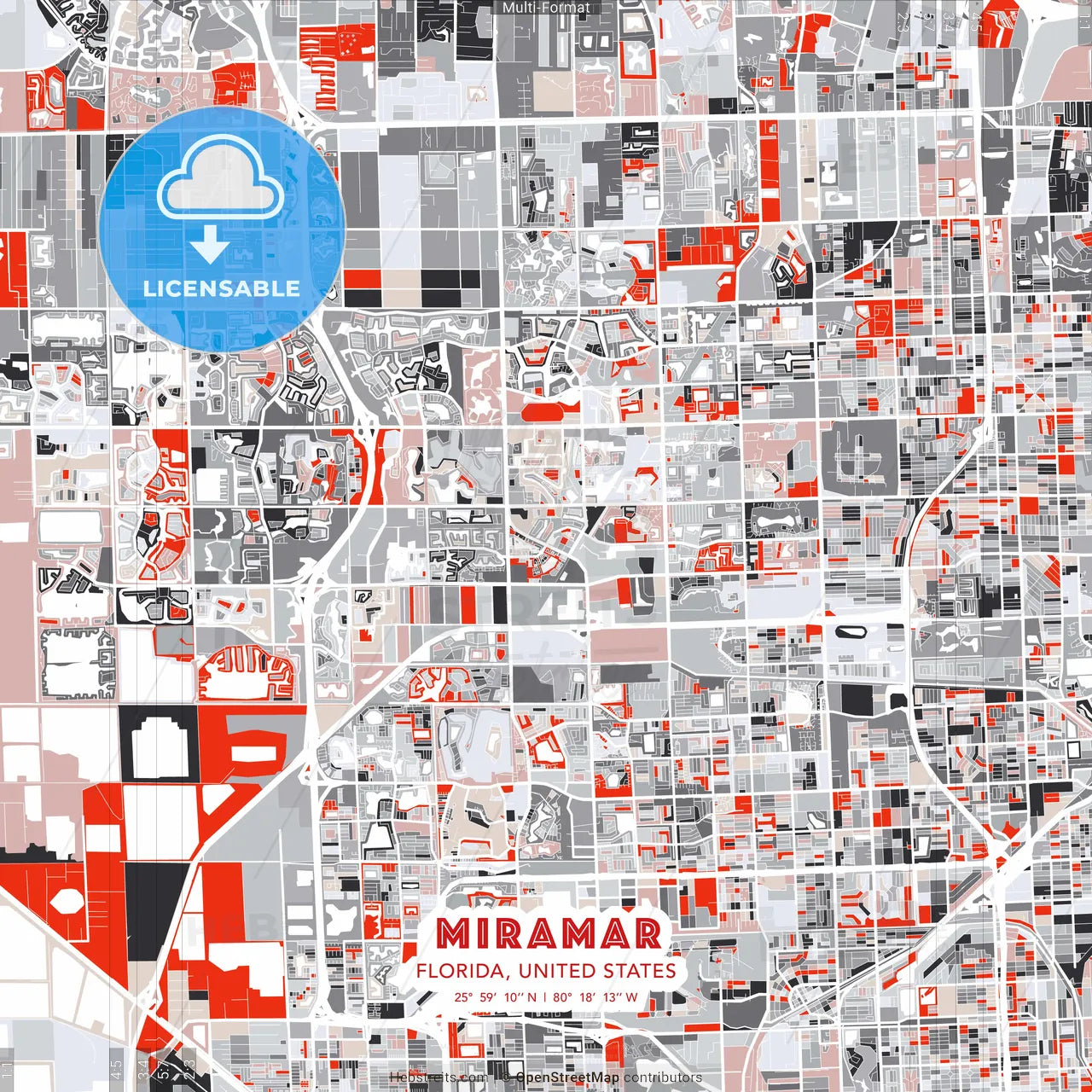 Miramar, Florida, United States - modern street map poster template with gray and red tones