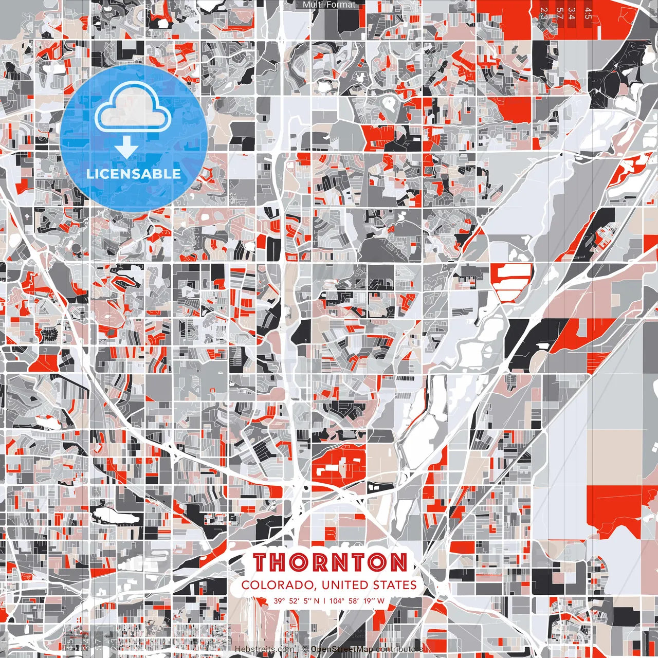 Thornton, Colorado, United States - modern street map poster template with gray and red tones