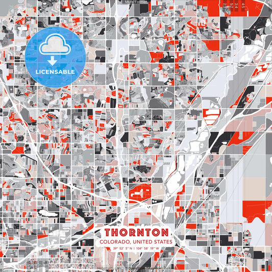 Thornton, Colorado, United States - modern street map poster template with gray and red tones