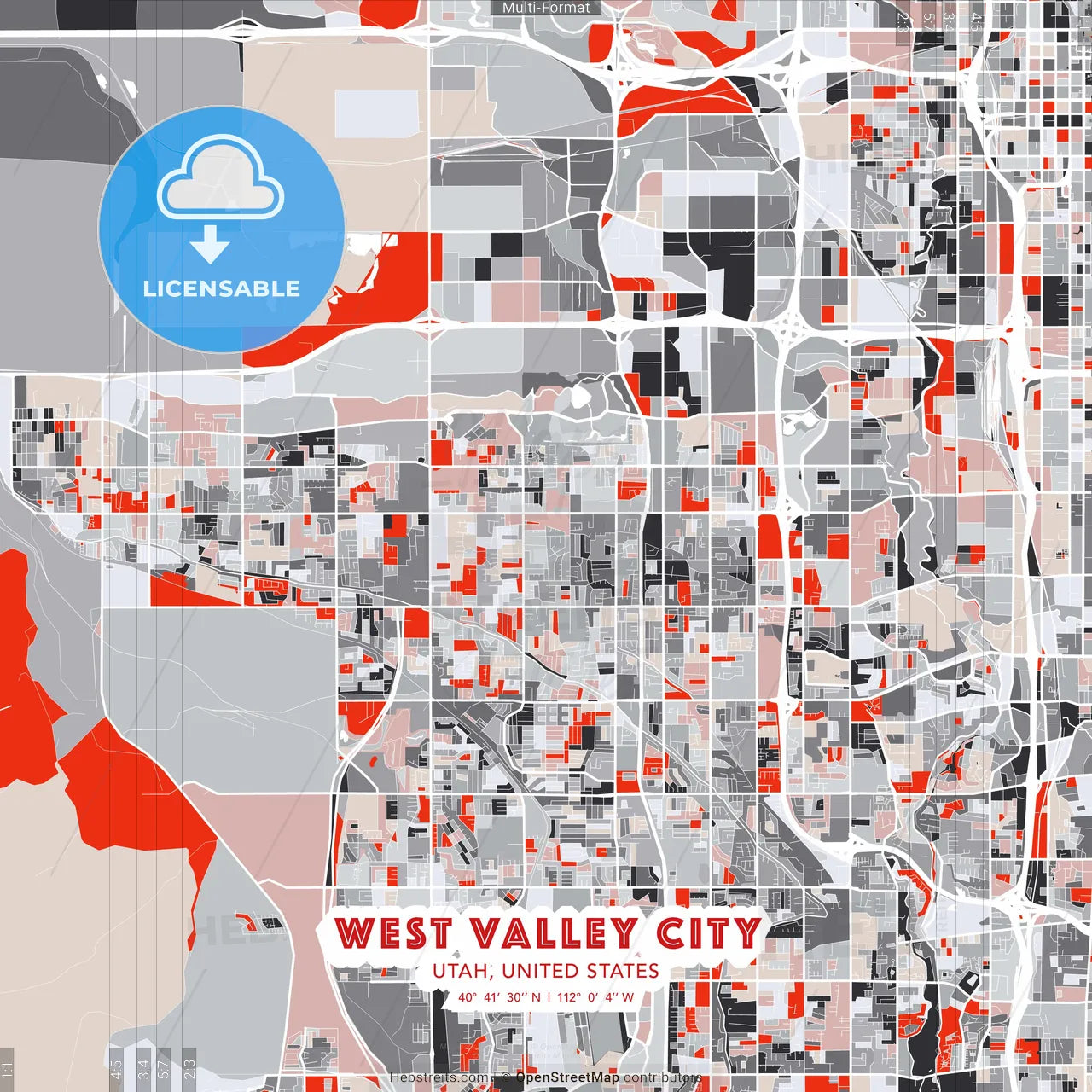 West Valley City, Utah, United States - modern street map poster template with gray and red tones