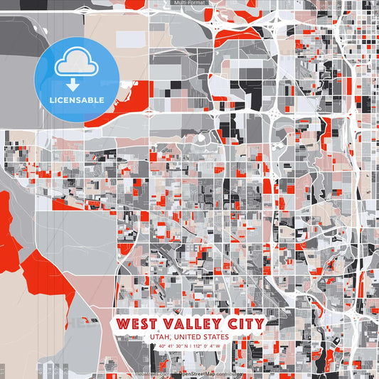West Valley City, Utah, United States - modern street map poster template with gray and red tones