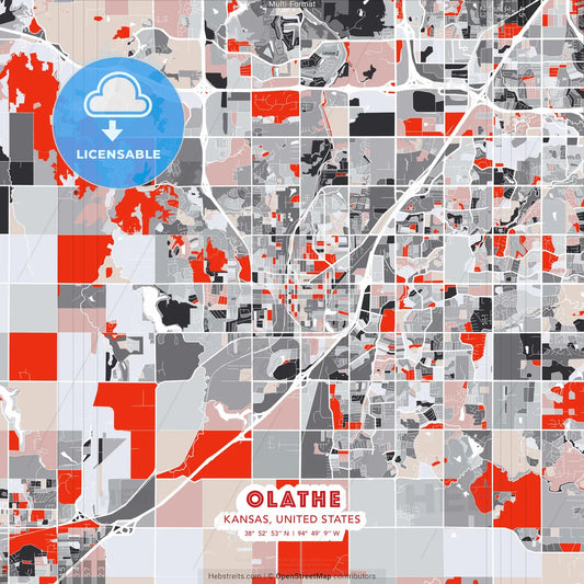 Olathe, Kansas, United States - modern street map poster template with gray and red tones