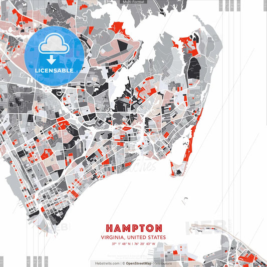 Hampton, Virginia, United States - modern street map poster template with gray and red tones