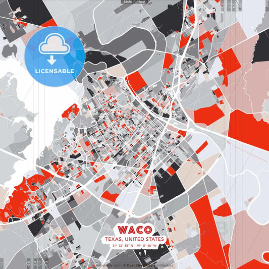 Waco, Texas, United States - modern street map poster template with gray and red tones