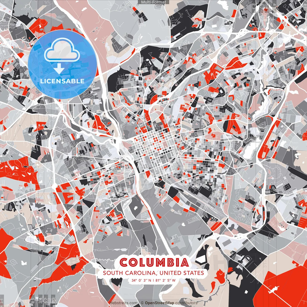 Columbia, South Carolina, United States - modern street map poster template with gray and red tones