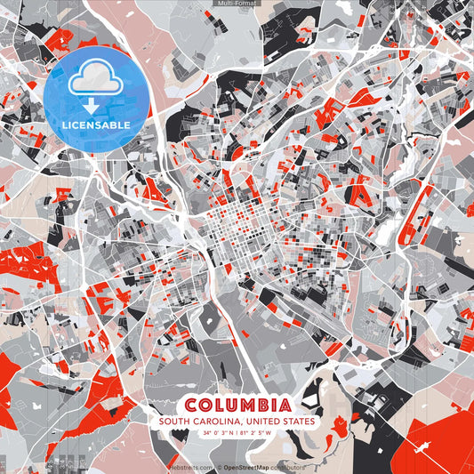Columbia, South Carolina, United States - modern street map poster template with gray and red tones