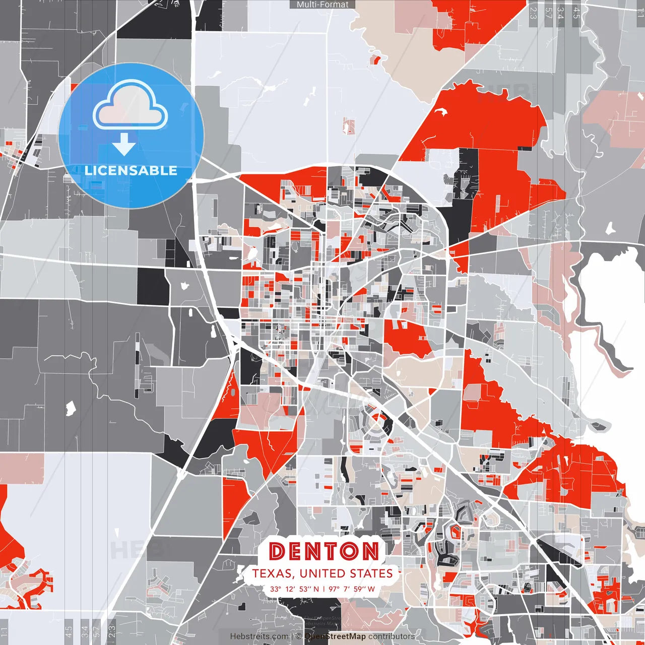 Denton, Texas, United States - modern street map poster template with gray and red tones
