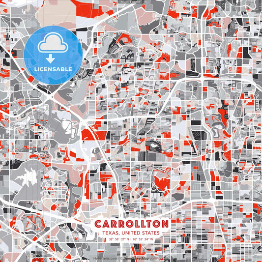 Carrollton, Texas, United States - modern street map poster template with gray and red tones