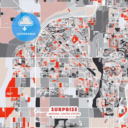 Surprise, Arizona, United States - modern street map poster template with gray and red tones
