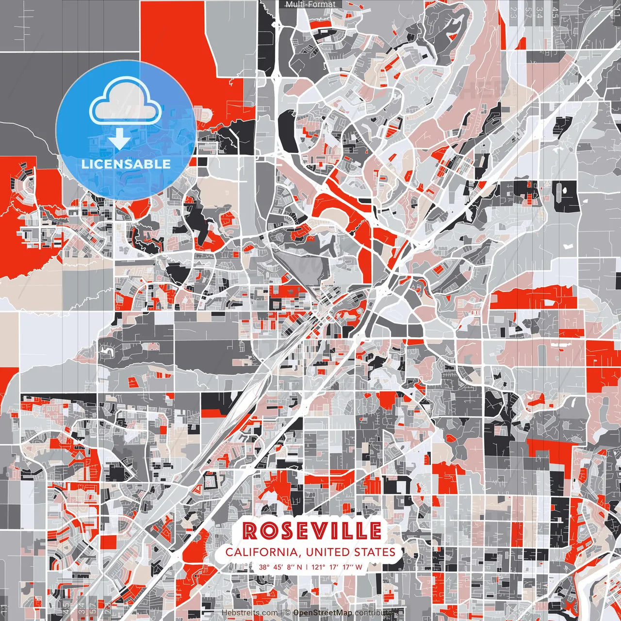 Roseville, California, United States - modern street map poster template with gray and red tones
