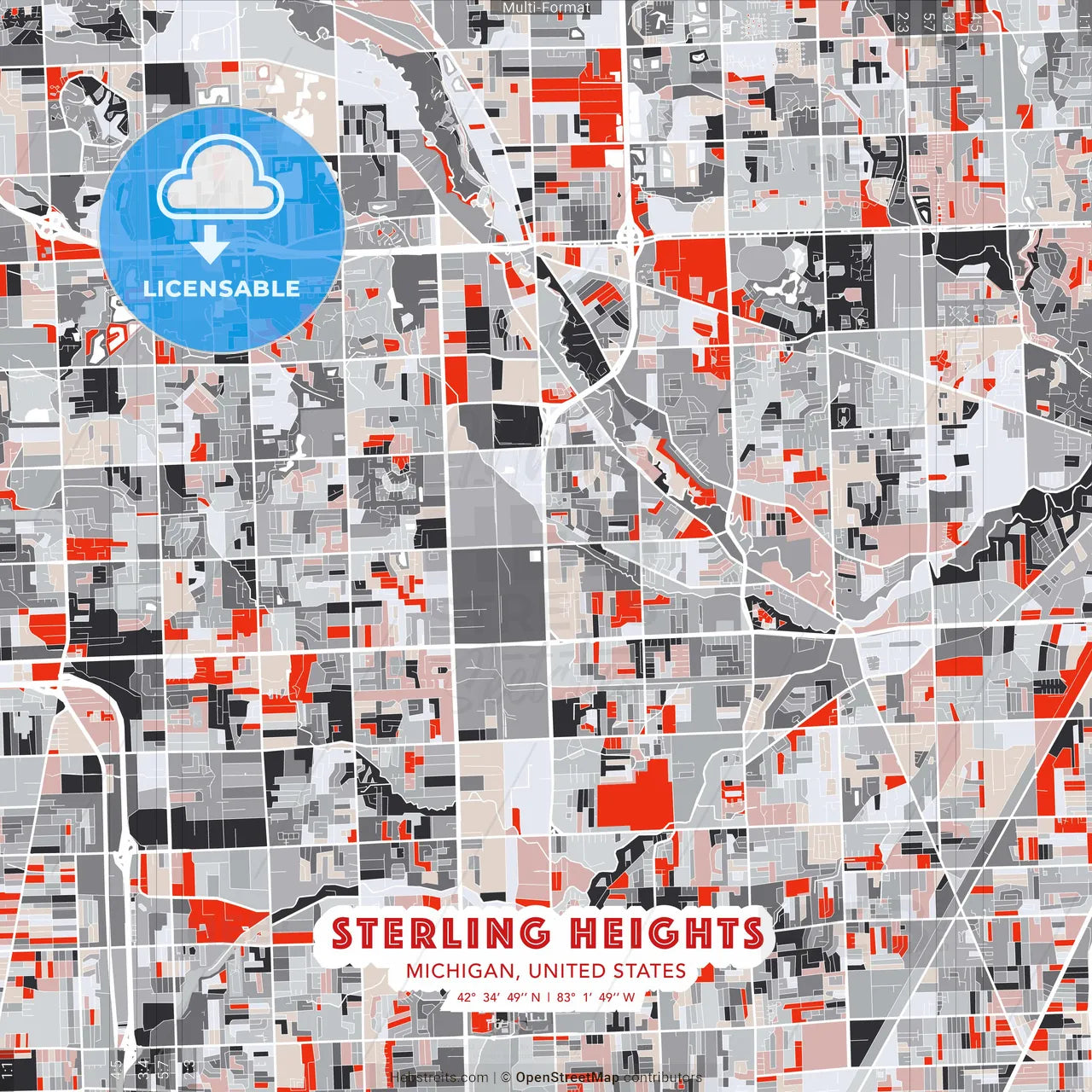 Sterling Heights, Michigan, United States - modern street map poster template with gray and red tones