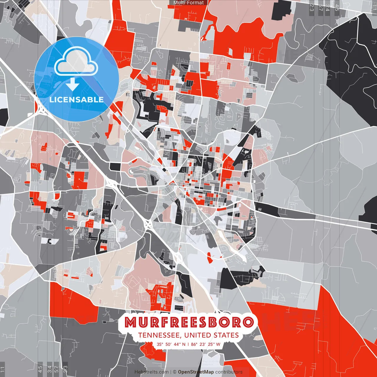 Murfreesboro, Tennessee, United States - modern street map poster template with gray and red tones