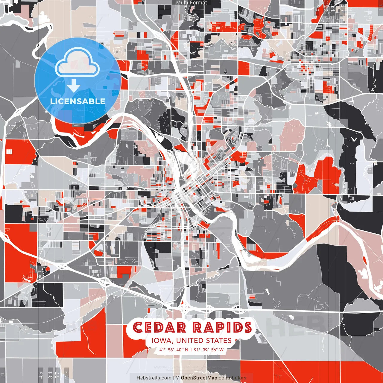 Cedar Rapids, Iowa, United States - modern street map poster template with gray and red tones