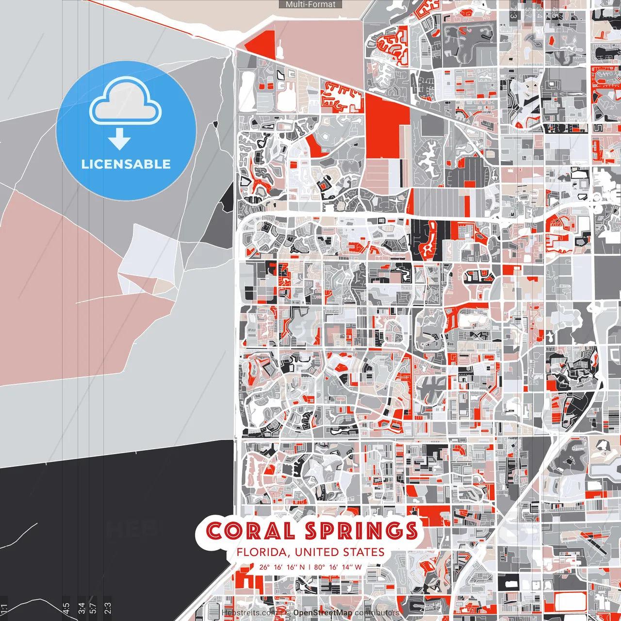 Coral Springs, Florida, United States - modern street map poster template with gray and red tones