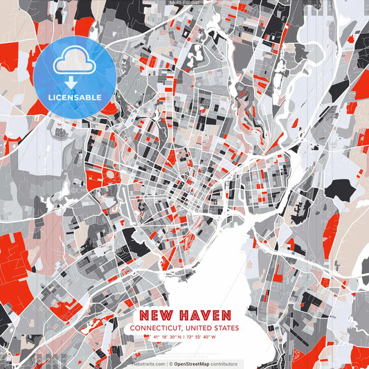 New Haven, Connecticut, United States - modern street map poster template with gray and red tones
