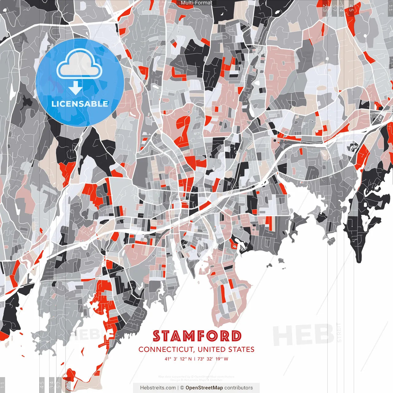 Stamford, Connecticut, United States - modern street map poster template with gray and red tones