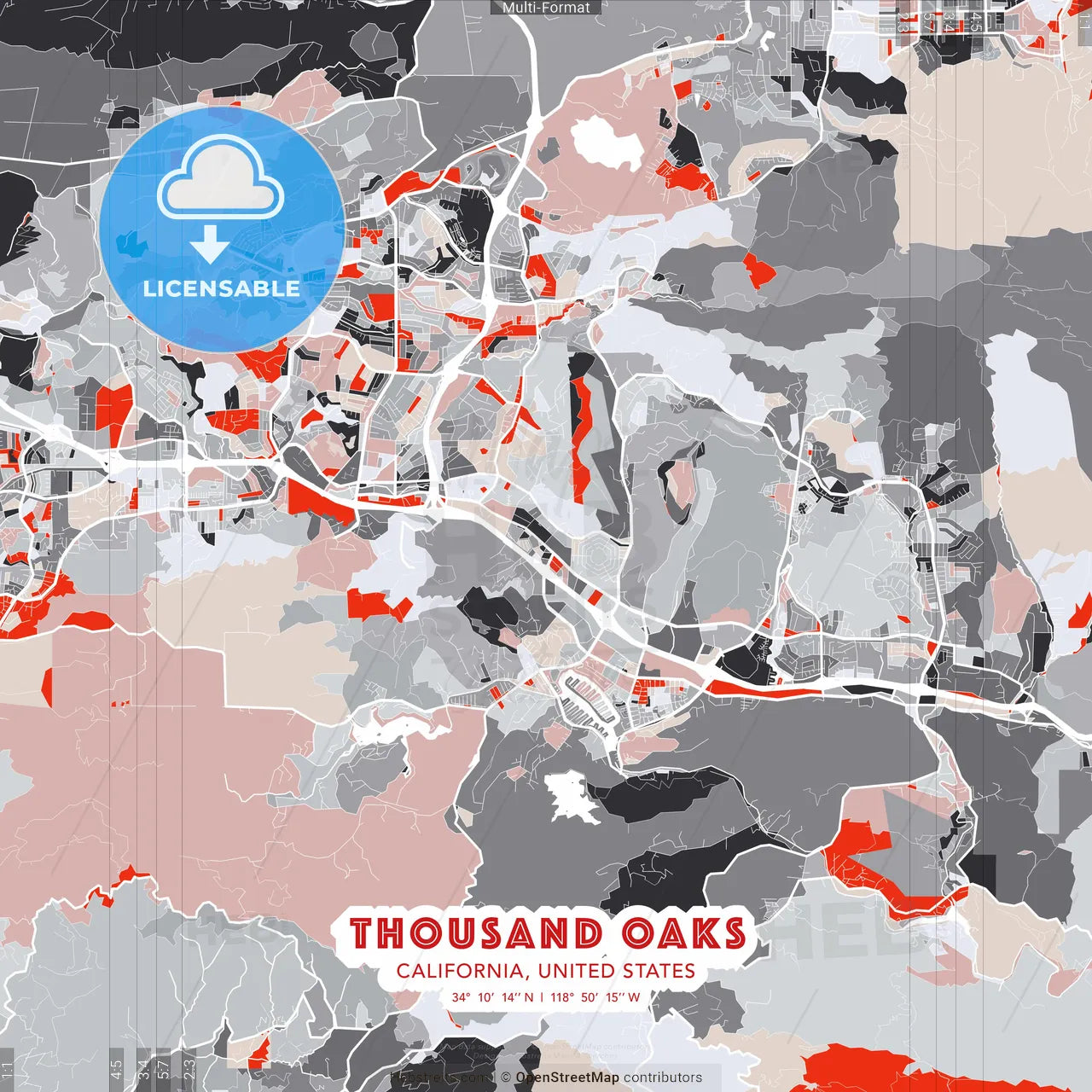 Thousand Oaks, California, United States - modern street map poster template with gray and red tones
