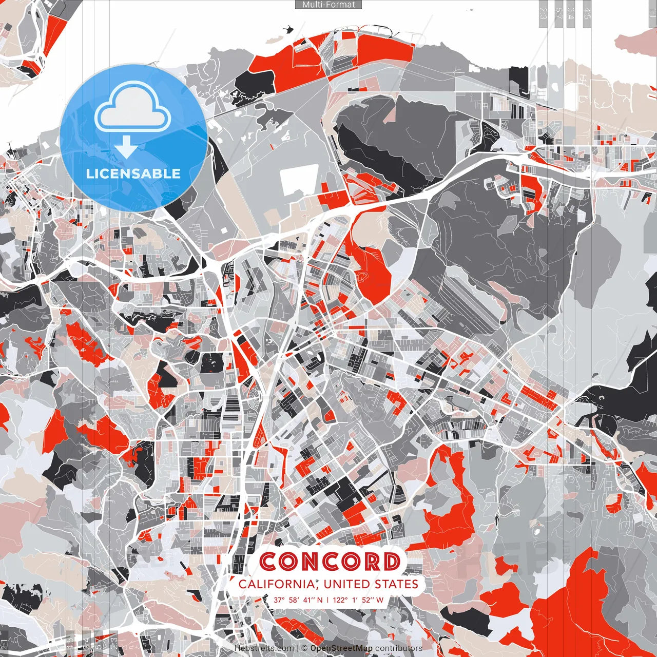 Concord, California, United States - modern street map poster template with gray and red tones