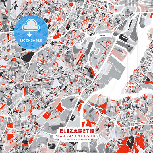 Elizabeth, New Jersey, United States - modern street map poster template with gray and red tones