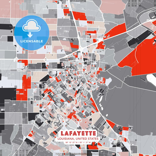 Lafayette, Louisiana, United States - modern street map poster template with gray and red tones