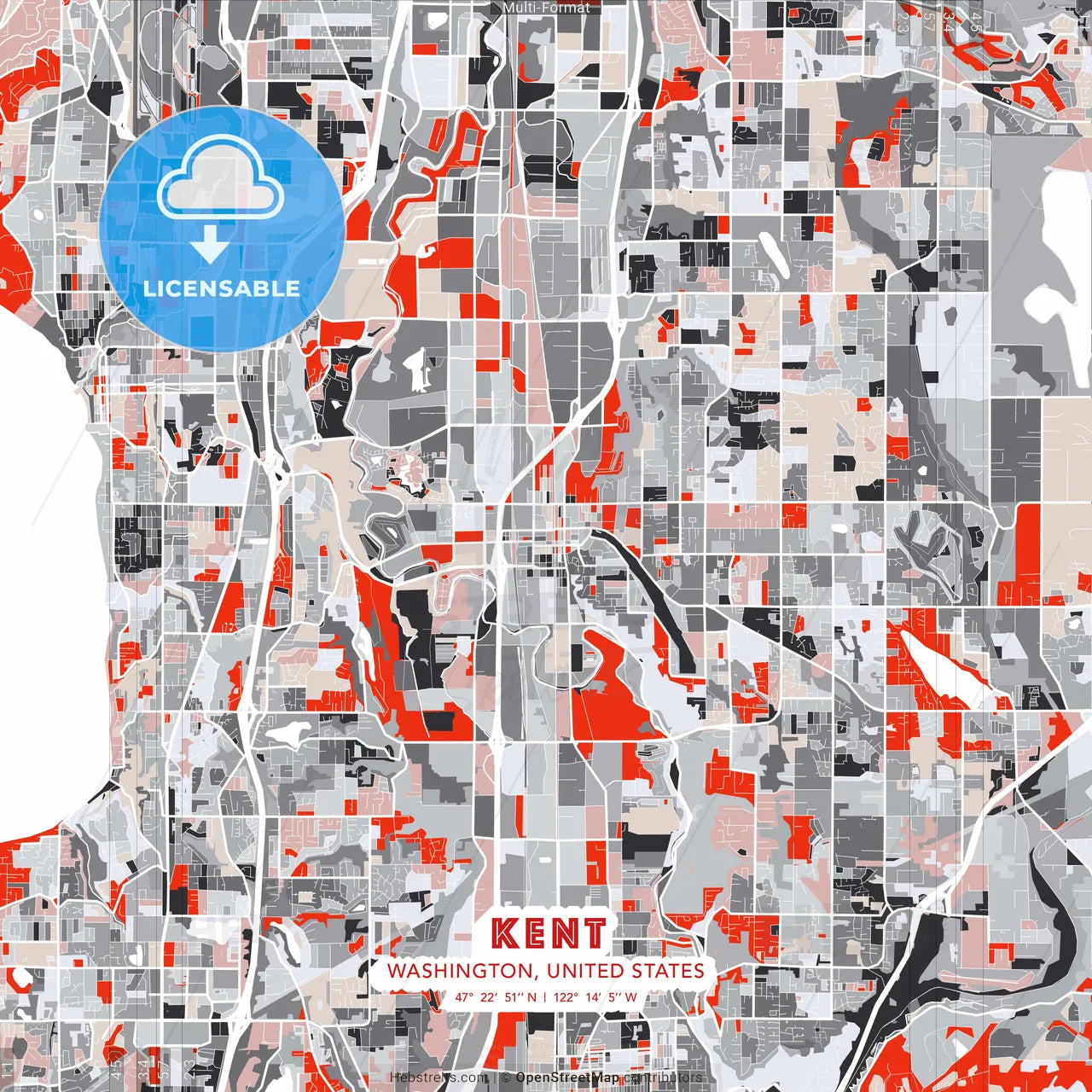 Kent, Washington, United States - modern street map poster template with gray and red tones