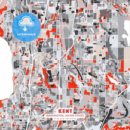 Kent, Washington, United States - modern street map poster template with gray and red tones