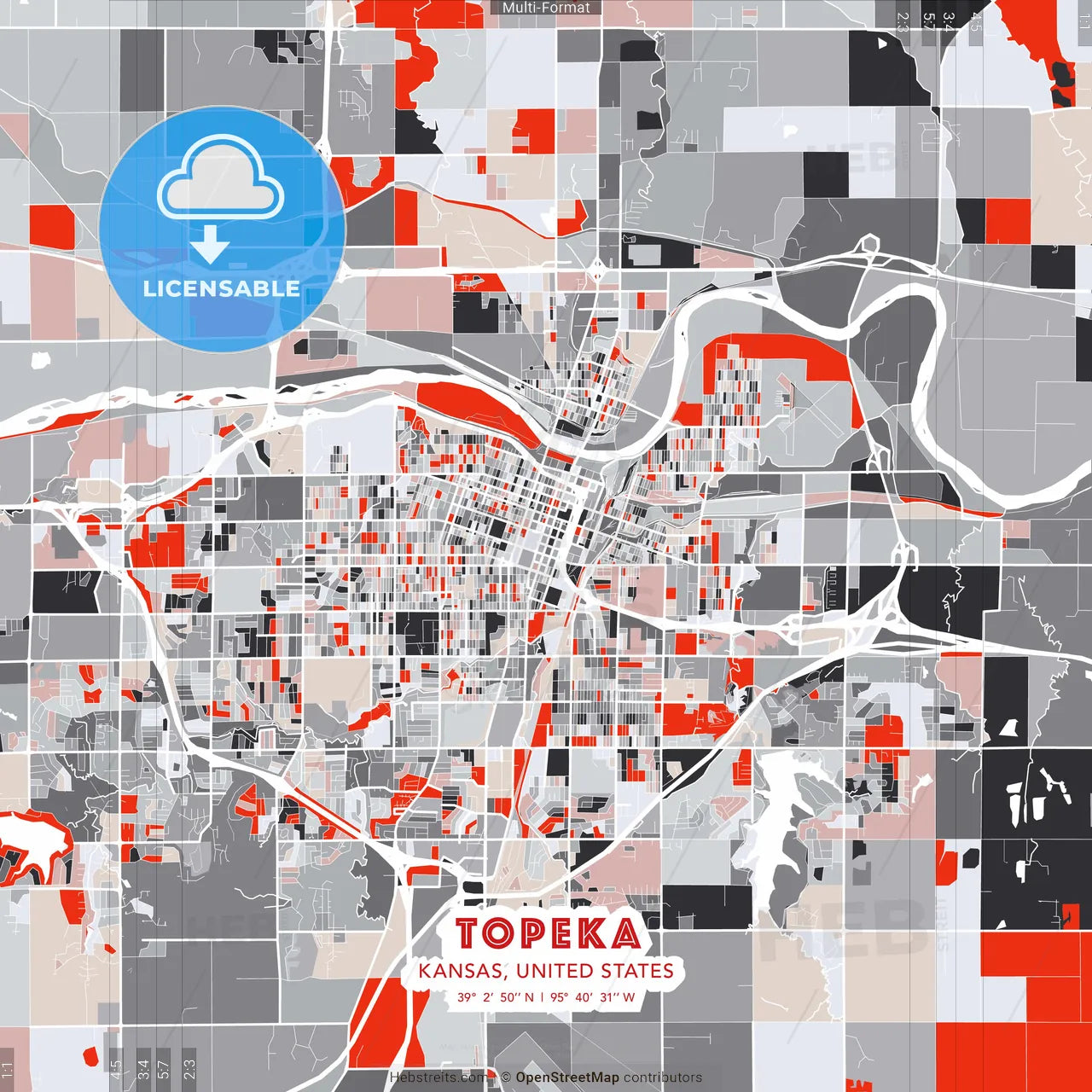 Topeka, Kansas, United States - modern street map poster template with gray and red tones