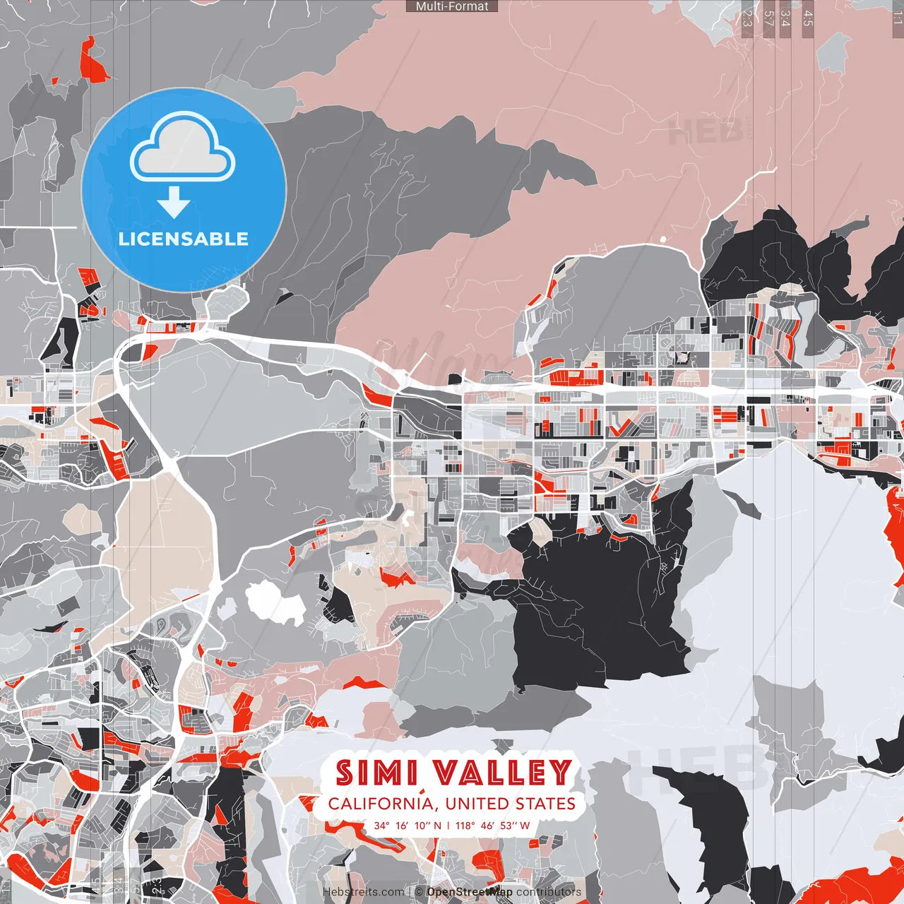 Simi Valley, California, United States - modern street map poster template with gray and red tones