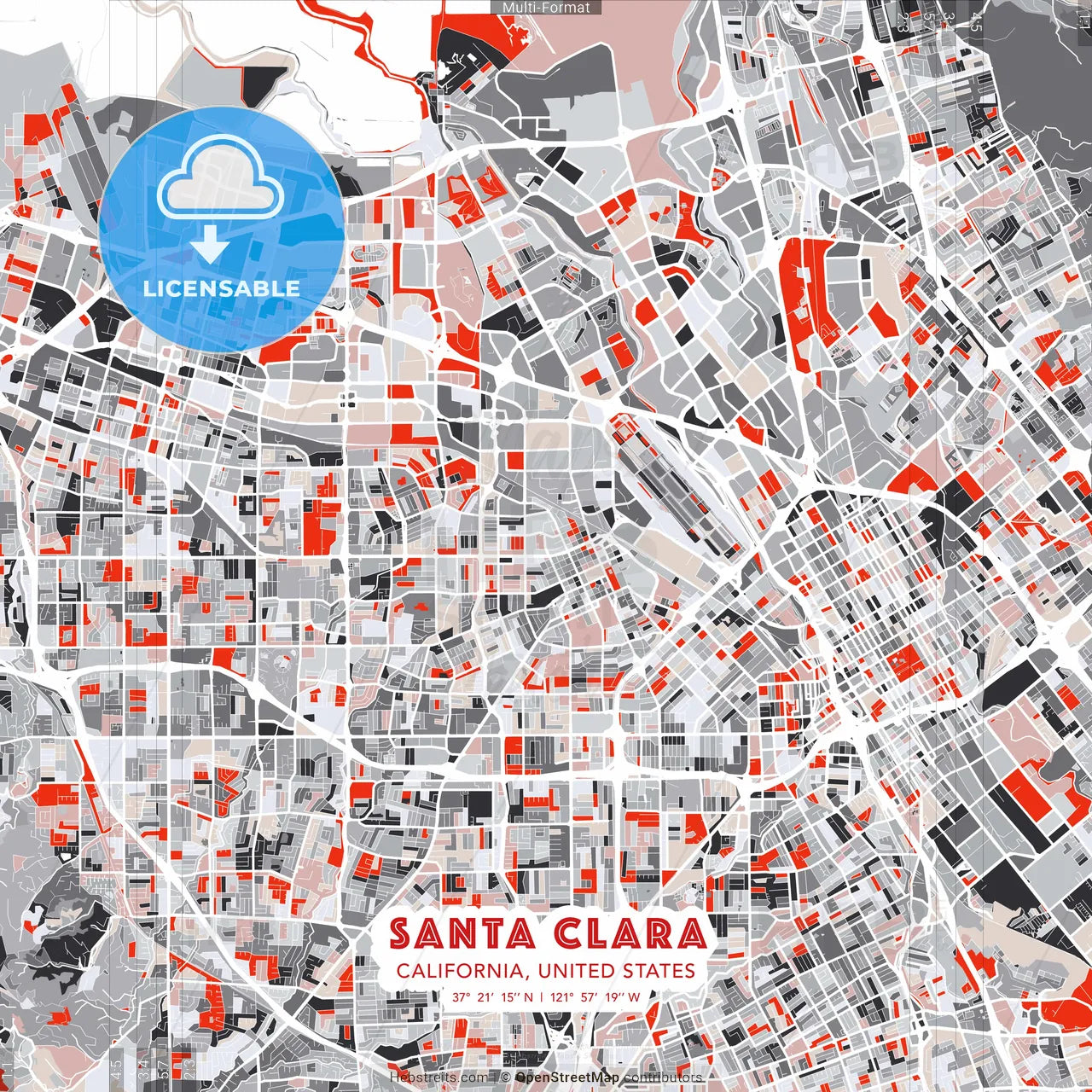 Santa Clara, California, United States - modern street map poster template with gray and red tones