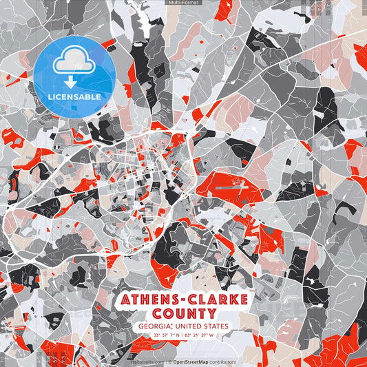 Athens-Clarke County, Georgia, United States - modern street map poster template with gray and red tones