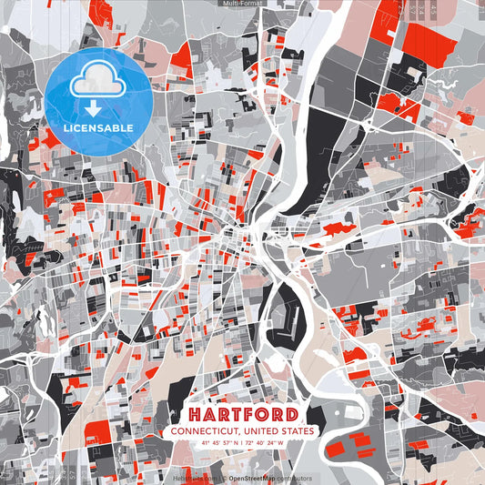 Hartford, Connecticut, United States - modern street map poster template with gray and red tones