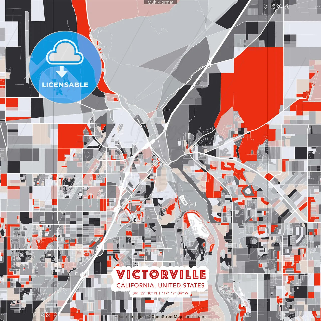 Victorville, California, United States - modern street map poster template with gray and red tones