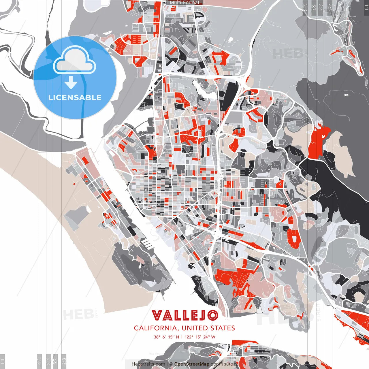 Vallejo, California, United States - modern street map poster template with gray and red tones