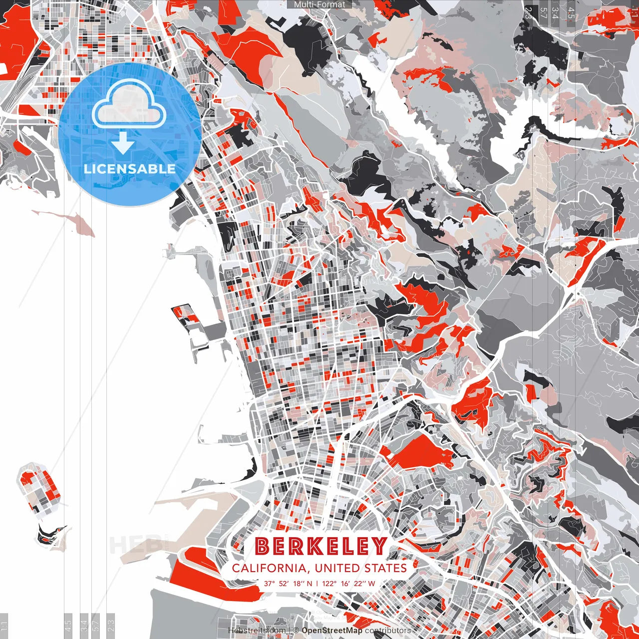 Berkeley, California, United States - modern street map poster template with gray and red tones