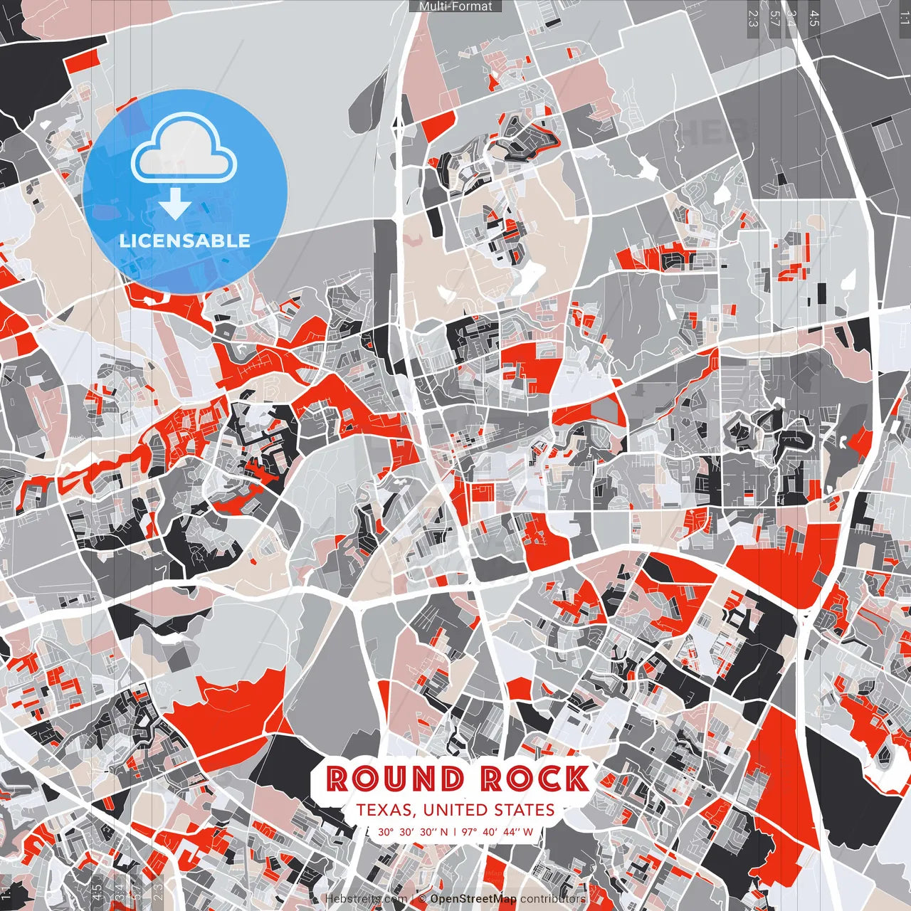 Round Rock, Texas, United States - modern street map poster template with gray and red tones
