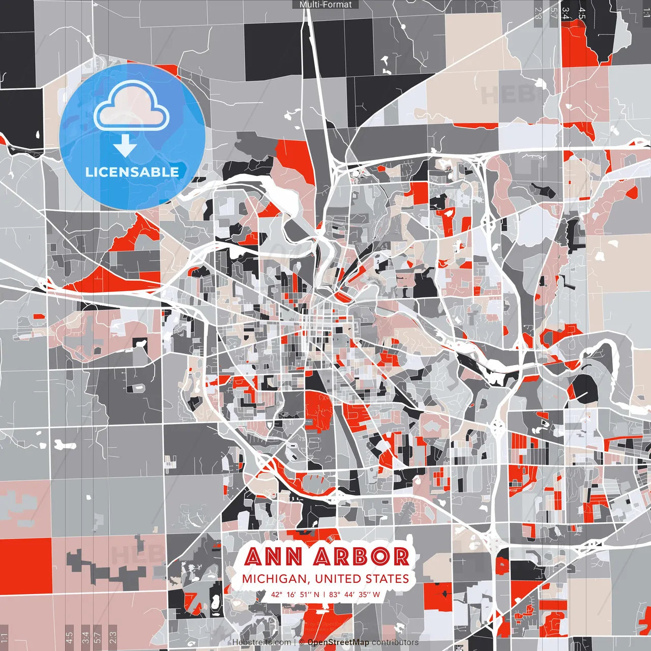 Ann Arbor, Michigan, United States - modern street map poster template with gray and red tones