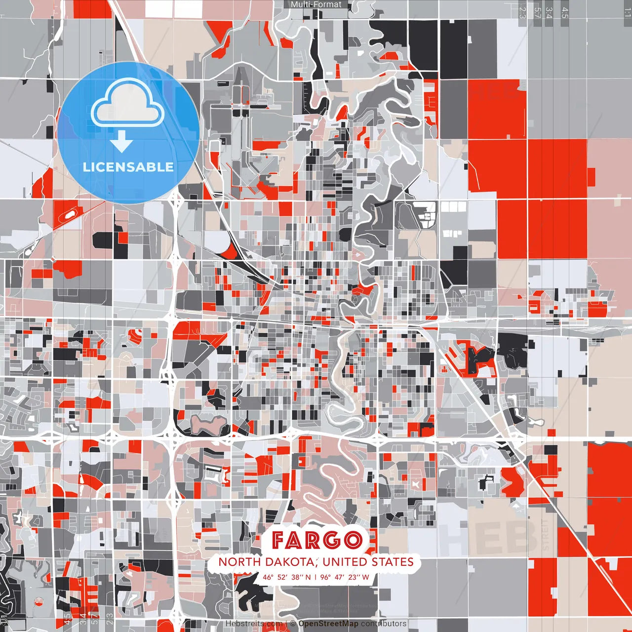 Fargo, North Dakota, United States - modern street map poster template with gray and red tones