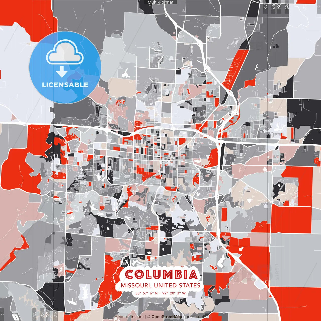 Columbia, Missouri, United States - modern street map poster template with gray and red tones