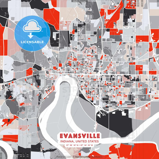 Evansville, Indiana, United States - modern street map poster template with gray and red tones