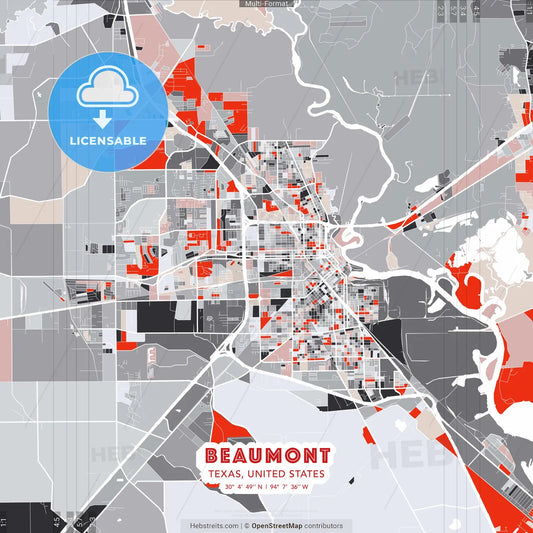 Beaumont, Texas, United States - modern street map poster template with gray and red tones