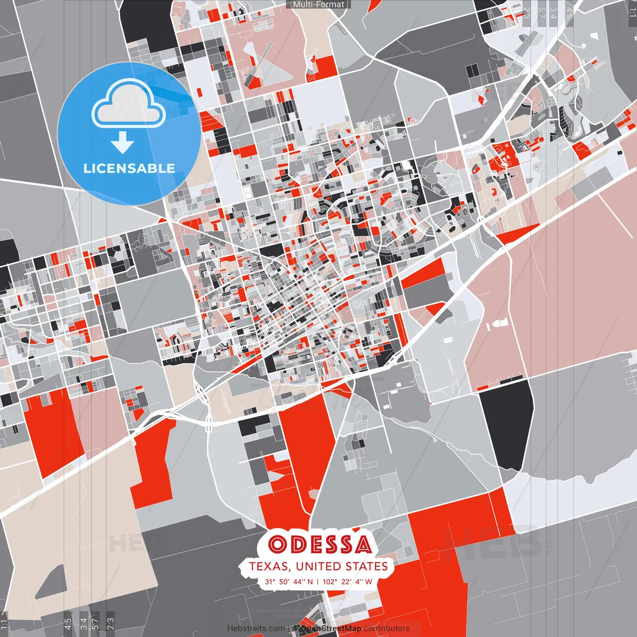 Odessa, Texas, United States - modern street map poster template with gray and red tones
