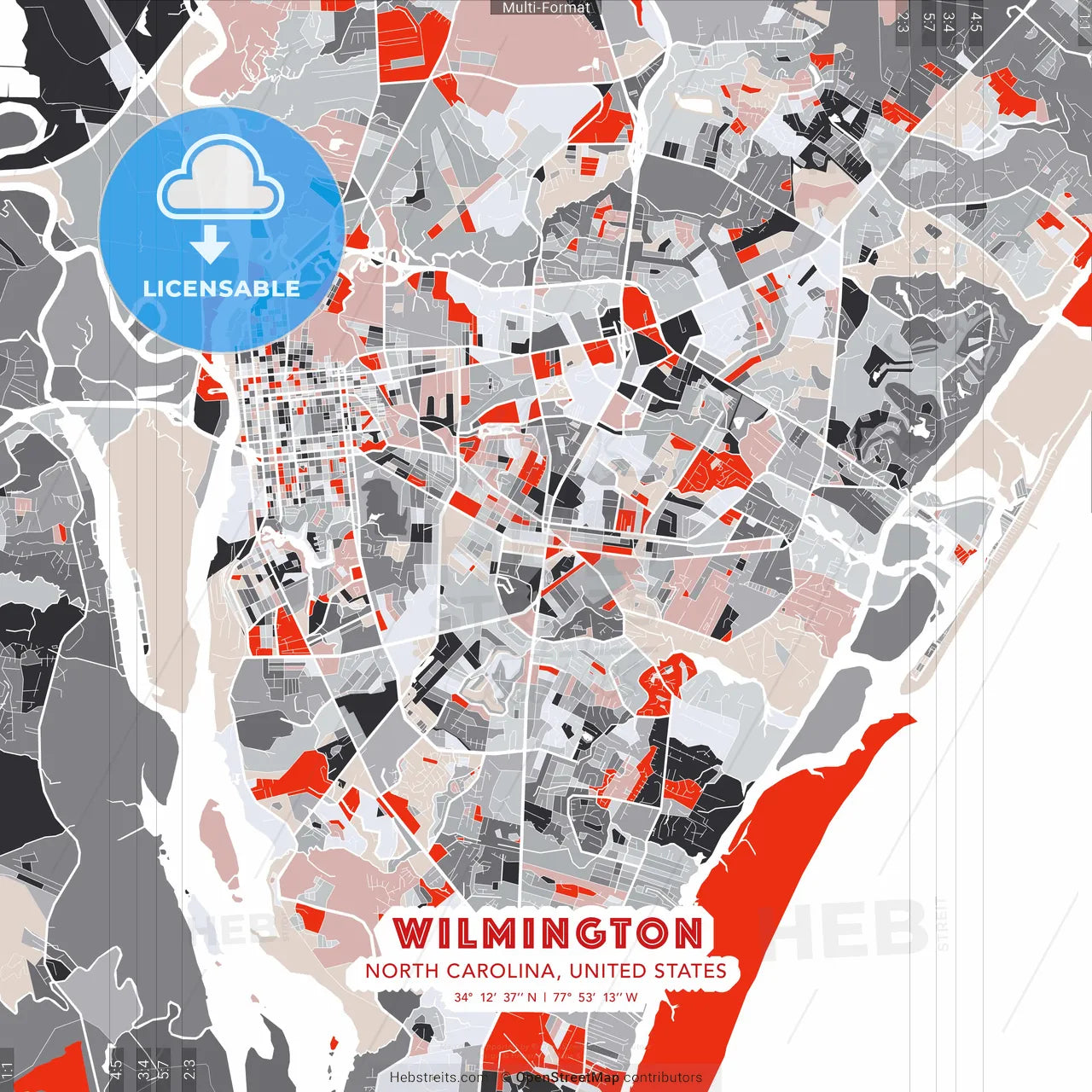 Wilmington, North Carolina, United States - modern street map poster template with gray and red tones
